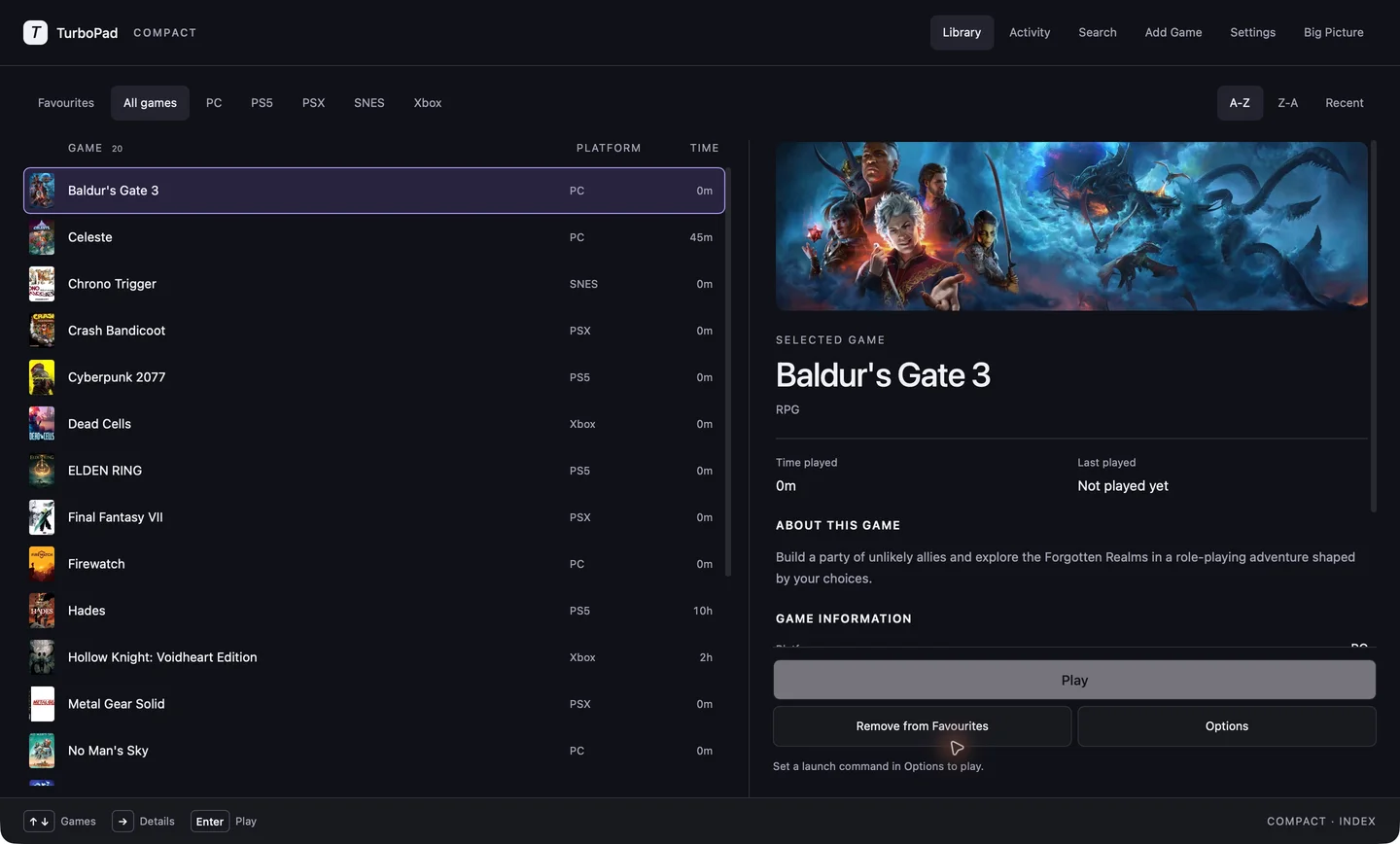 TurboPad Compact view with a game list beside the selected game's details